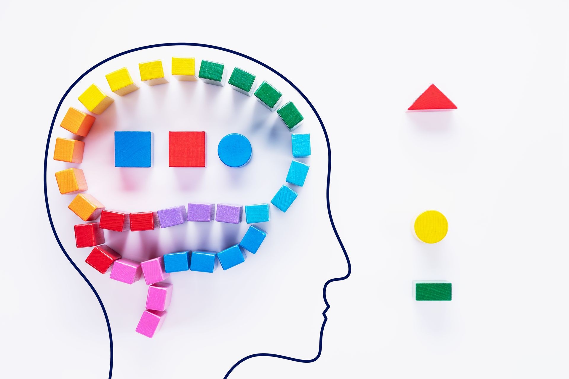 Human head with abstract colorful human brain, creative concept. IQ test, logical tasks. Top view, flat lay. Human head with abstract colorful human brain, creative concept. IQ test, logical tasks. Top view, flat lay.